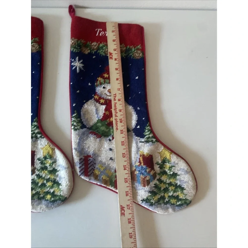 Christmas Snowman Lot of 2 Stockings Wool Needlepoint By Hand Red Velvet
